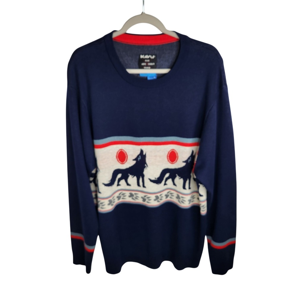 Kavu Men's Highline Wolf Print Sweater Size XL Blue Grandpa Eclectic‎ Icelandic